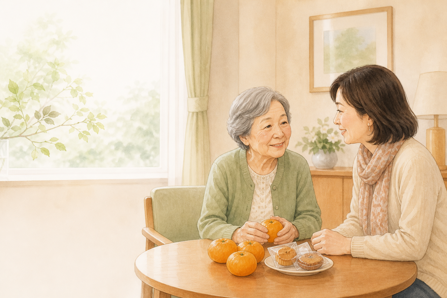 老人ホームでみかんと焼き菓子を囲みながら面会する母娘